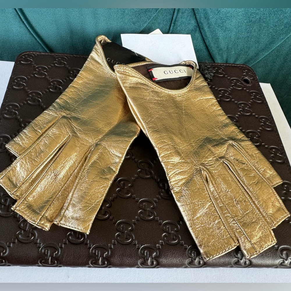 Gucci Guanti Donna Nappa Metallic Gold Lamb Leather Fingerless Gloves rare